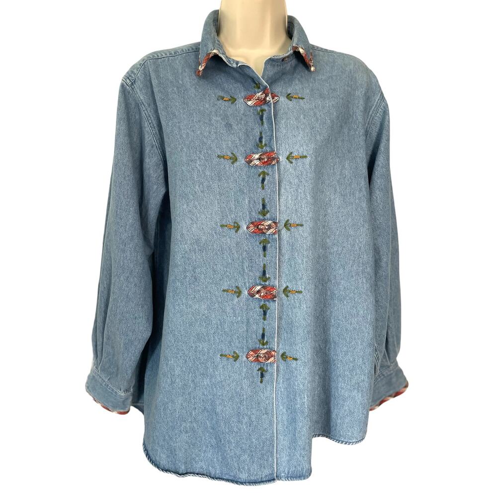 Vintage Cambridge Country Store Soft Denim Top, Plaid Detail, Ladies‎ Large